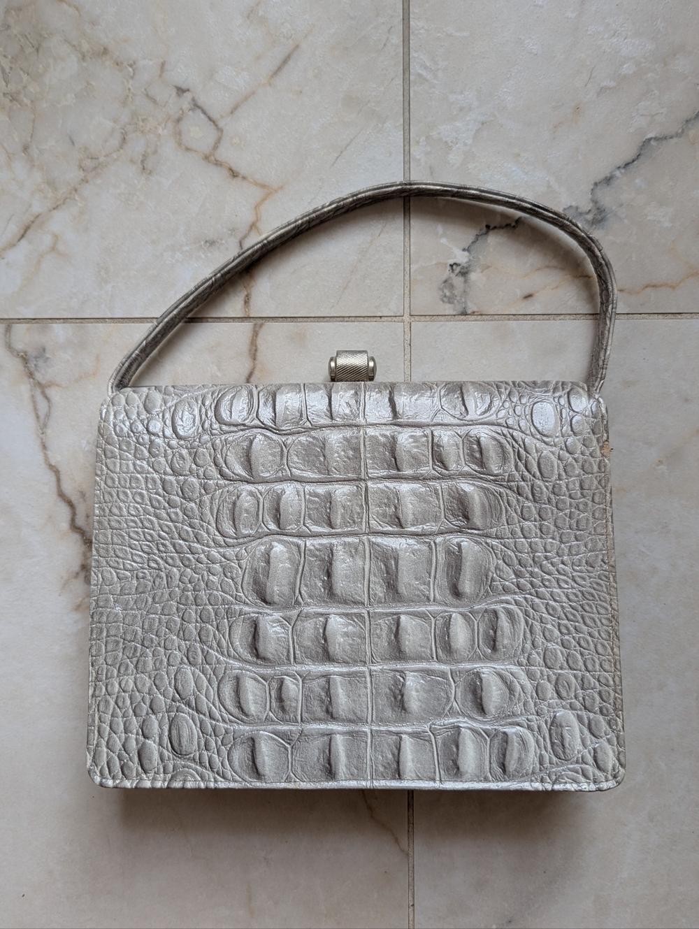 Elegant Silver Croc-Embossed Wristlet Clutch